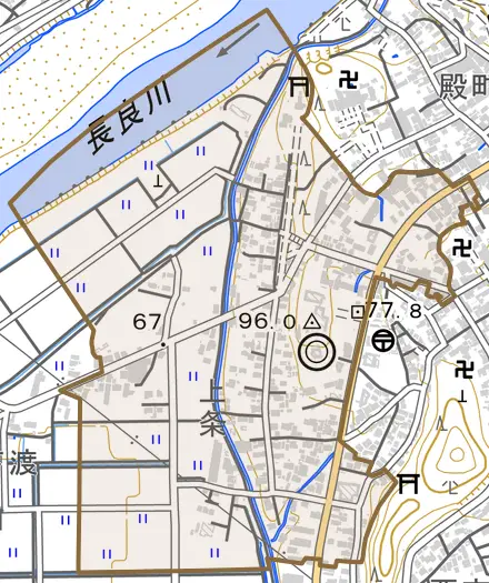上条とその周辺の地図。町の範囲を重ねている