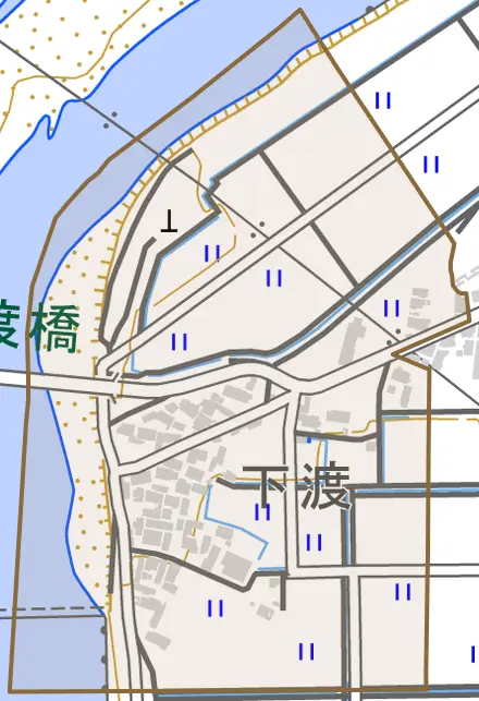 下渡とその周辺の地図。町の範囲を重ねている