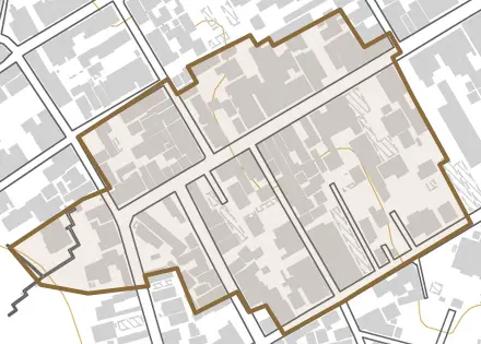 俵町とその周辺の地図。町の範囲を重ねている