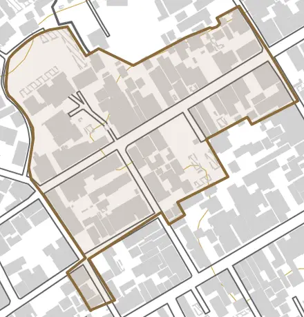 加治屋町とその周辺の地図。町の範囲を重ねている