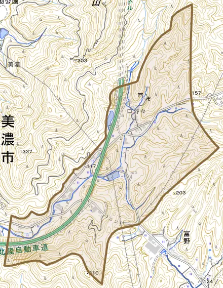 口野々とその周辺の地図。町の範囲を重ねている