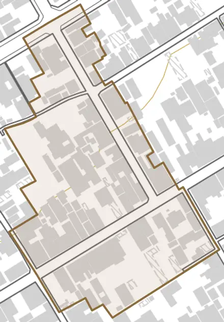 本住町とその周辺の地図。町の範囲を重ねている