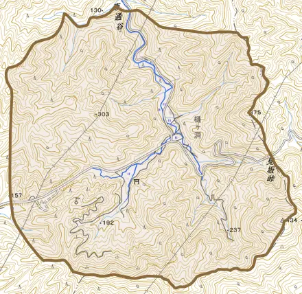 樋ヶ洞とその周辺の地図。町の範囲を重ねている