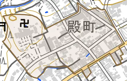 殿町とその周辺の地図。町の範囲を重ねている