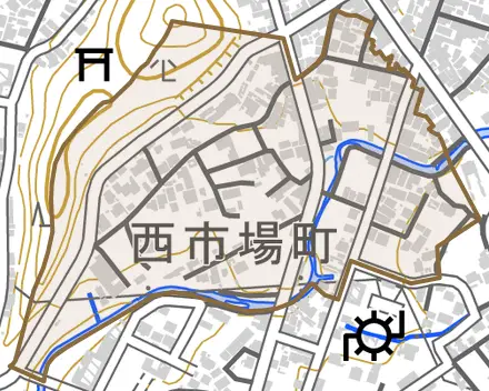 西市場町とその周辺の地図。町の範囲を重ねている