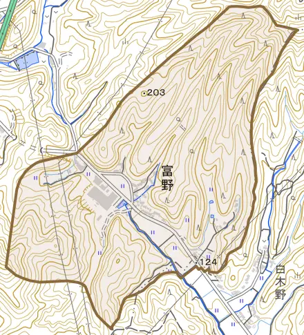 富野とその周辺の地図。町の範囲を重ねている