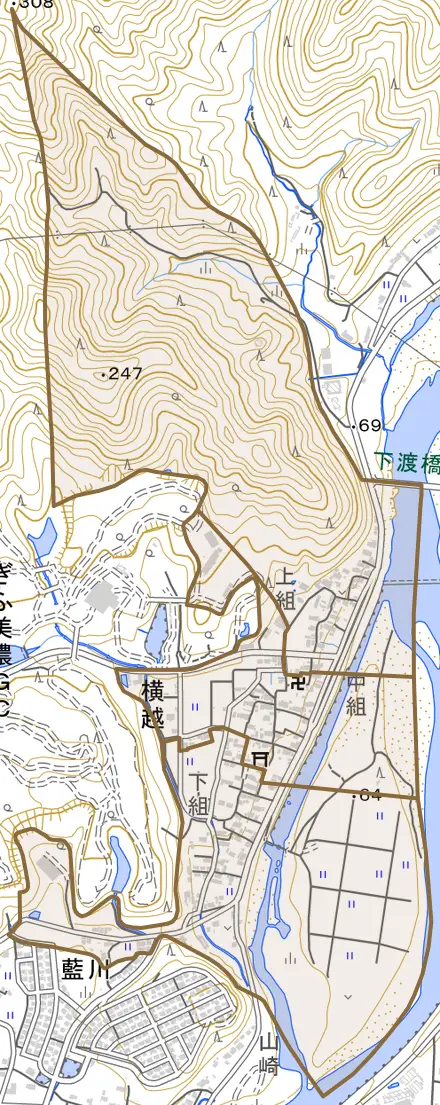 横越とその周辺の地図。町の範囲を重ねている