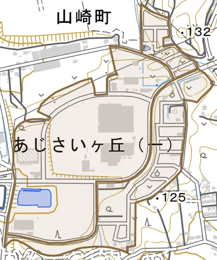 あじさいヶ丘とその周辺の地図。町の範囲を重ねている