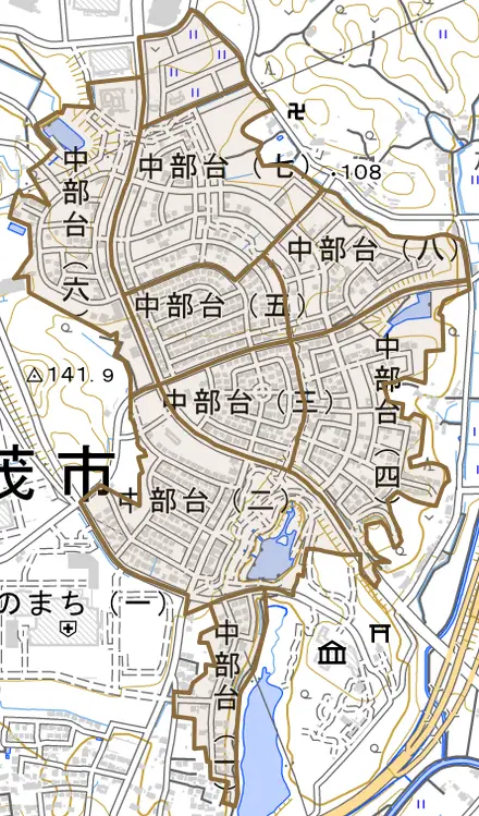 中部台とその周辺の地図。町の範囲を重ねている