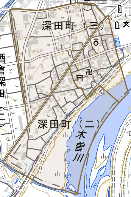 深田町とその周辺の地図。町の範囲を重ねている