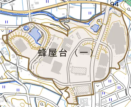 蜂屋台とその周辺の地図。町の範囲を重ねている
