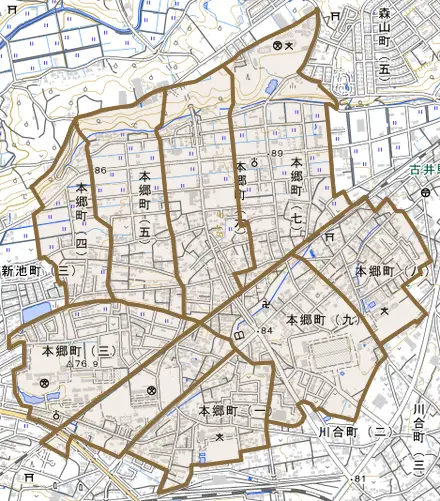 本郷町とその周辺の地図。町の範囲を重ねている