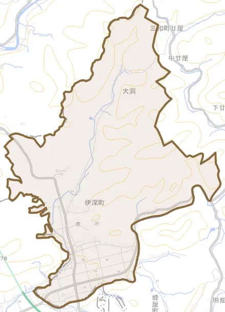 伊深町とその周辺の地図。町の範囲を重ねている