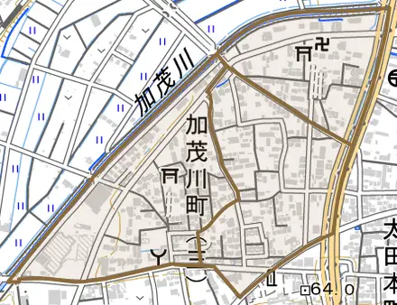 加茂川町とその周辺の地図。町の範囲を重ねている