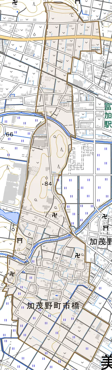 加茂野町市橋とその周辺の地図。町の範囲を重ねている