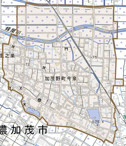 加茂野町今泉とその周辺の地図。町の範囲を重ねている