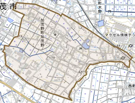 加茂野町加茂野とその周辺の地図。町の範囲を重ねている