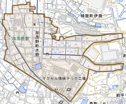 加茂野町木野とその周辺の地図。町の範囲を重ねている