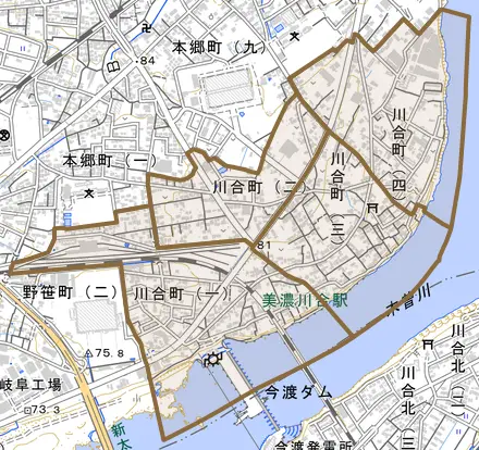 川合町とその周辺の地図。町の範囲を重ねている