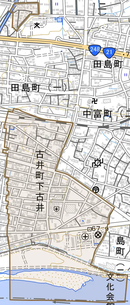 古井町下古井とその周辺の地図。町の範囲を重ねている