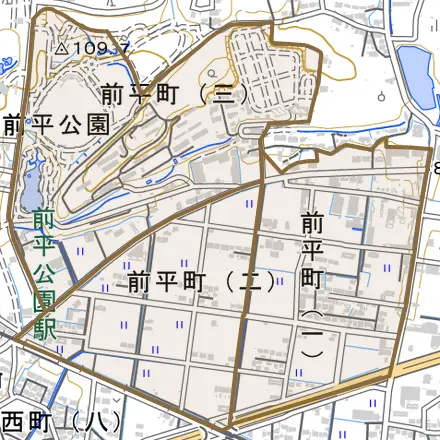 前平町とその周辺の地図。町の範囲を重ねている
