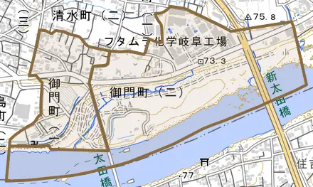 御門町とその周辺の地図。町の範囲を重ねている