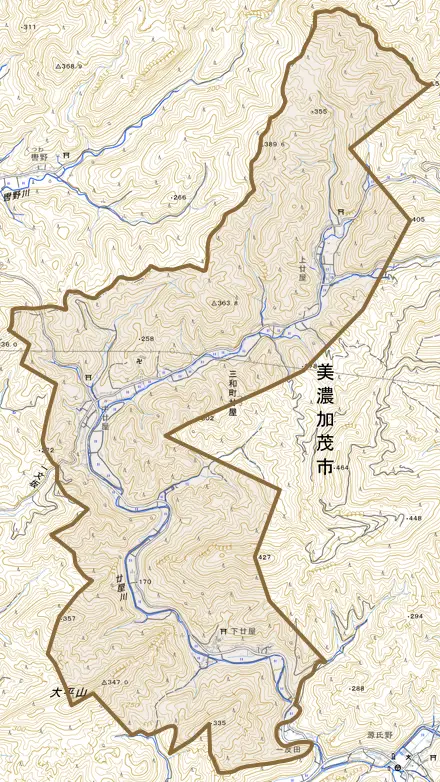 三和町廿屋とその周辺の地図。町の範囲を重ねている
