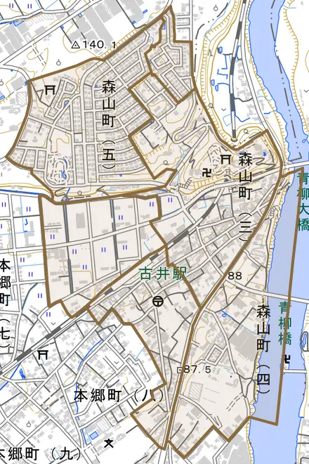 森山町とその周辺の地図。町の範囲を重ねている
