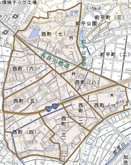 西町とその周辺の地図。町の範囲を重ねている