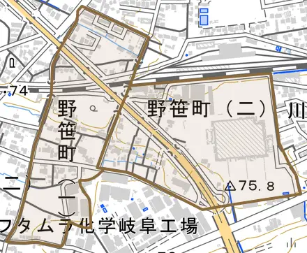 野笹町とその周辺の地図。町の範囲を重ねている