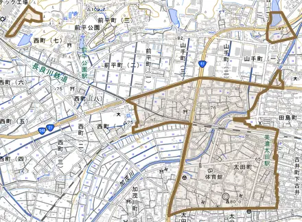 太田町とその周辺の地図。町の範囲を重ねている