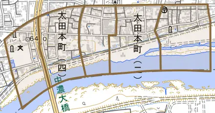 太田本町とその周辺の地図。町の範囲を重ねている