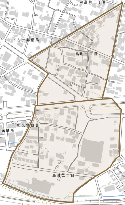 島町とその周辺の地図。町の範囲を重ねている
