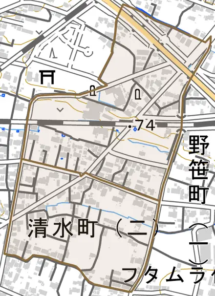 清水町とその周辺の地図。町の範囲を重ねている