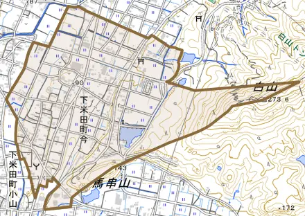 下米田町今とその周辺の地図。町の範囲を重ねている