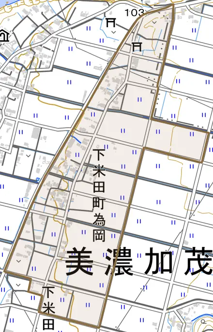 下米田町為岡とその周辺の地図。町の範囲を重ねている