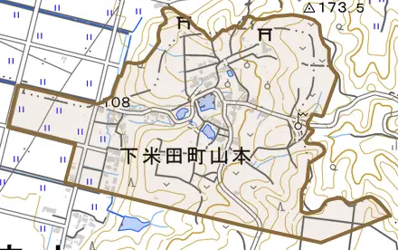下米田町山本とその周辺の地図。町の範囲を重ねている