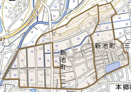 新池町とその周辺の地図。町の範囲を重ねている