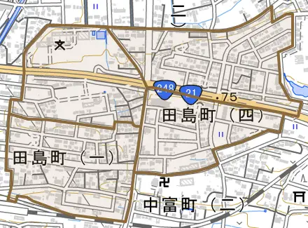 田島町とその周辺の地図。町の範囲を重ねている