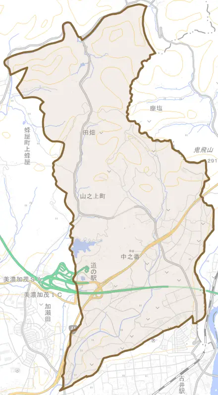 山之上町とその周辺の地図。町の範囲を重ねている