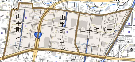 山手町とその周辺の地図。町の範囲を重ねている