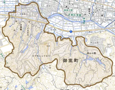 古屋敷とその周辺の地図。町の範囲を重ねている