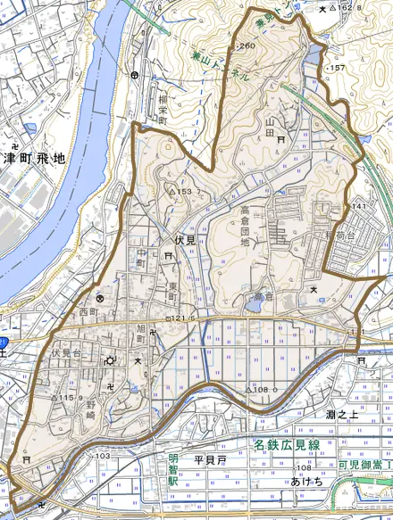 伏見とその周辺の地図。町の範囲を重ねている