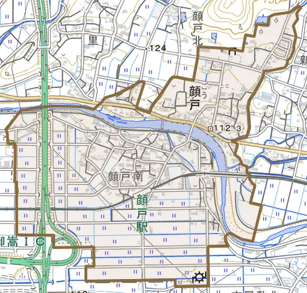 顔戸とその周辺の地図。町の範囲を重ねている