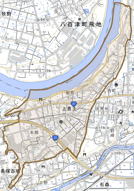 上恵土とその周辺の地図。町の範囲を重ねている