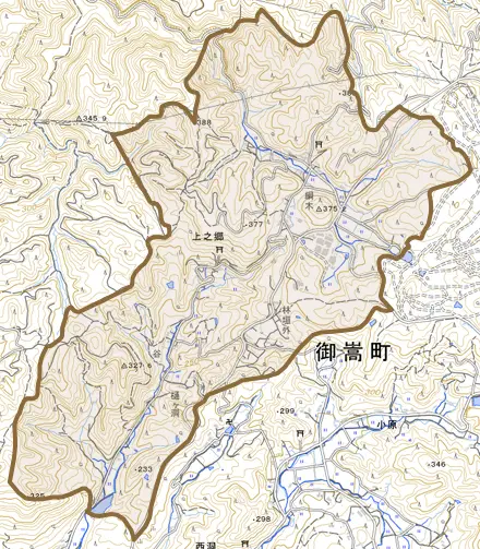 上之郷とその周辺の地図。町の範囲を重ねている