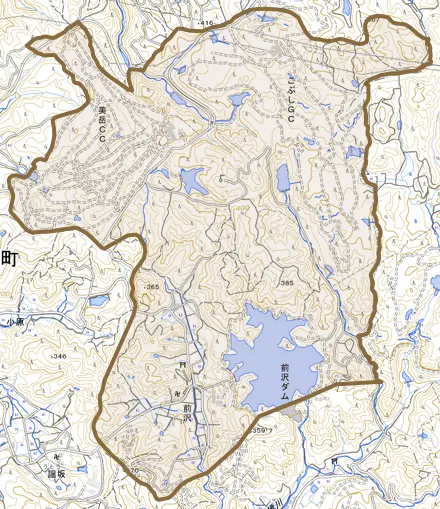 前沢とその周辺の地図。町の範囲を重ねている