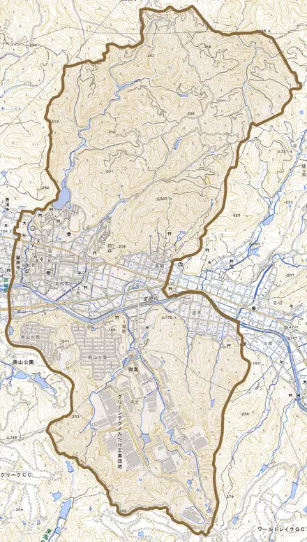 御嵩とその周辺の地図。町の範囲を重ねている