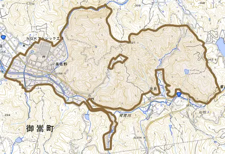 美佐野とその周辺の地図。町の範囲を重ねている