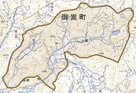 小原とその周辺の地図。町の範囲を重ねている